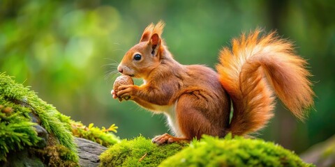 Amidst a tranquil forest, a red squirrel enjoys a hazel nut, this captivating scene showcasing nature's charm and the simple pleasures of woodland life.