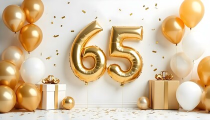 A white and gold 65th birthday anniversary celebration with balloons and confetti