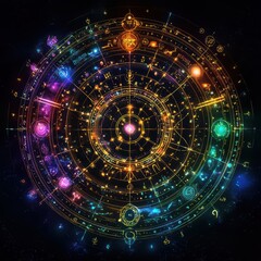 horoscope calendar with vibrant astrological symbols placed next to a cup of herbal tea and a crystal sphere