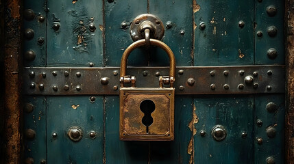 Fototapeta premium Antique Padlock Secures Rustic Wooden Door, Aged Metal