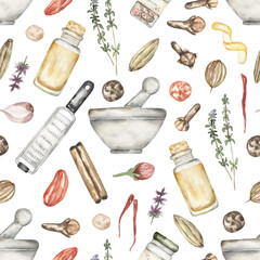 Watercolor hand drawn kitchen utensils and spices seamless pattern, food repeat textile paper