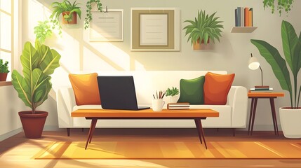 Fototapeta premium Business concept&nbsp;illustration featuring floating light bulbs, icons, charts, compass, and connecting&nbsp;elements in blue and orange, showcasing creative thinking and brainstorming process.