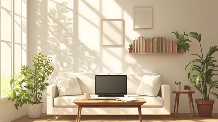 Business concept illustration featuring floating light bulbs, icons, charts, compass, and connecting elements in blue and orange, showcasing creative thinking and brainstorming process.