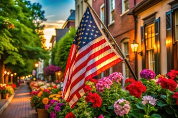 An American flag framed by colorful flowers in Old Town Alexandria, Virginia embodies historical charm, scenic beauty, urban landscape, patriotism, and the allure of low-light photography.