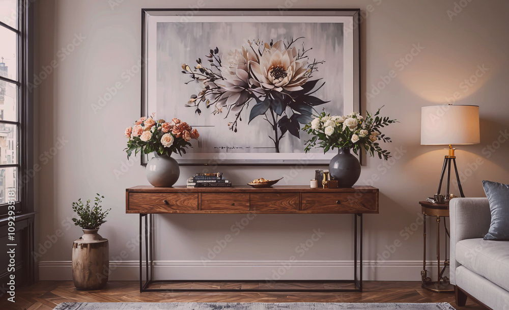 Aufkleber large framed painting of a flower is on the wall. there are two vases on the table, one of which is 