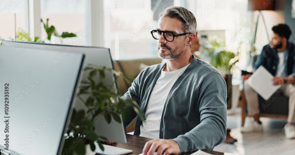 Poster Computer, cybersecurity and programming with man in creative workplace for coding or design. Mature, system infrastructure and web development with employee person in office as website developer