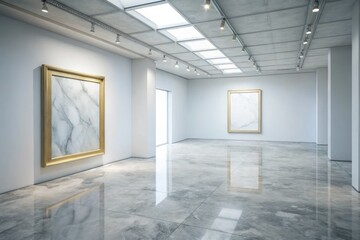 Fototapeta premium An elegant contemporary art space featuring a minimalist exhibition room with a 3D empty frame on a pristine Carrara Gioia marble floor, showcasing clean aesthetic interior design.