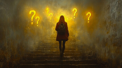 A figure climbs a stairway illuminated by glowing question marks in a misty atmosphere, evoking curiosity and intrigue about the surroundings