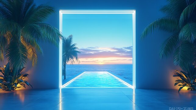 Minimalist summer travel scene with a sea and swimming pool visible through a door neon backdrop 3d rendering