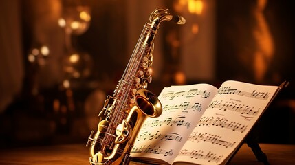 Fototapeta premium A photo of a saxophone with sheet music