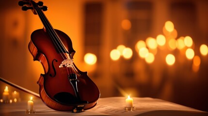 Classical violin in a concert setting, glowing softly under warm lights with sheet music in the background