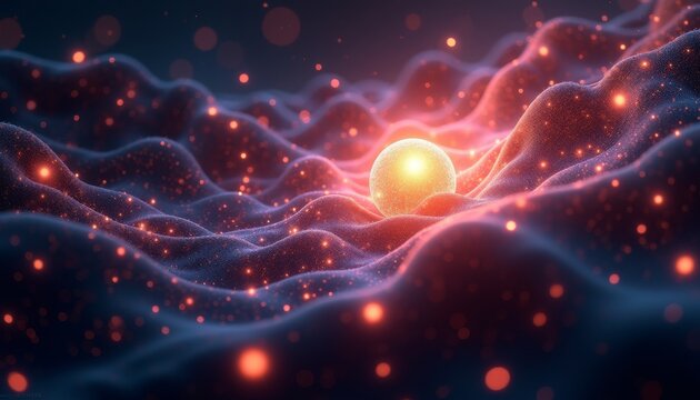 Higgs boson visualization with a glowing sphere amidst dynamic waves and sparkling particles