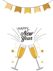 Happy New Year Party Template or Card Design with Cheers Wine Glass and Bunting Flag Decoration Illustration.
