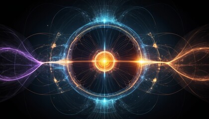 Higgs boson particle illustration featuring colorful energy waves and bright core on a dark background