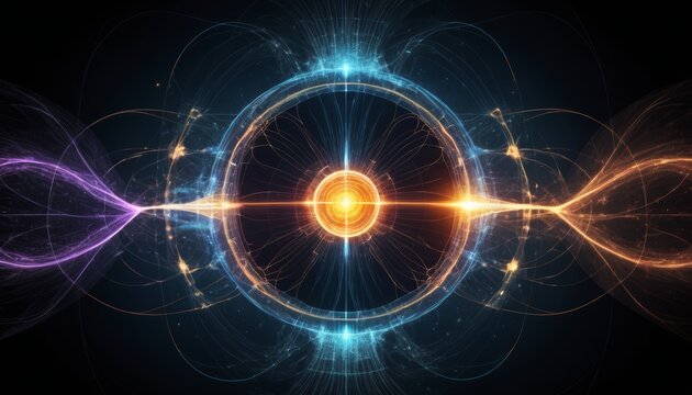 Higgs boson particle illustration featuring colorful energy waves and bright core on a dark background