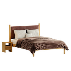 Obraz premium A bed with a brown comforter and pillows, and a nightstand next to it