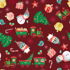 Christmas vector seamless pattern with Christmas tree, snowman, penguin, steam locomotive toy on a burgundy background. Background for wrapping paper, fabric print, greeting cards design