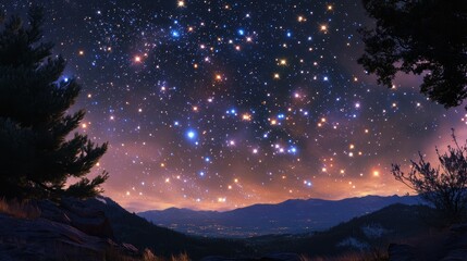 Dreamy visualization of constellations night sky digital art outdoor wide angle ethereal experience