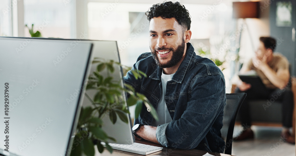 Poster Computer, smile and web development with man in creative workplace for coding or design. Cybersecurity, programming and system infrastructure with happy employee person in office as website developer