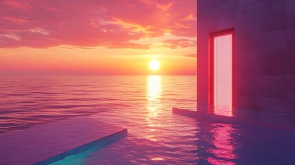 Neon-themed summer escape showing a door to a pool and sea vibrant minimalist style 3d rendering