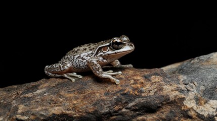 Obraz premium Close-up of a tiny frog perched on a rock, its speckled skin blending seamlessly with the earthy tones. A captivating image of wildlife in its natural habitat.