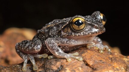 Obraz premium Close-up of a tiny frog with striking golden eyes perched on a rock. The intricate details of its skin and the intense gaze create a captivating image.