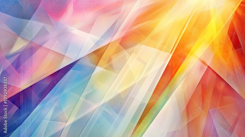Poster Abstract rainbow static with geometric patterns and glitch effects, creating a retro-futuristic scene.