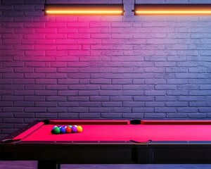 Neon Lit Pool Table Brick Wall Billiards Game Room Night Club