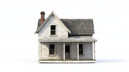 A weathered white farmhouse stands isolated against a stark white background. The aged wood siding and gray roof shingles tell a story of time.