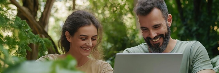 A happy couple sitting in a lush garden, engaged in a joyful moment while looking at a laptop, their shared laughter reflecting deep connection and contentment in nature.
