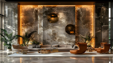 Luxury Lobby Design: Marble Walls, Modern Seating, Warm Lighting