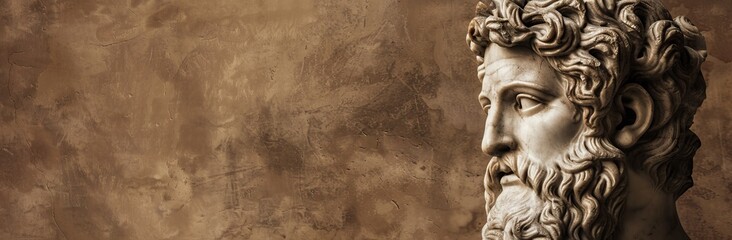 Study of an antique Greek statue with curly hair and beard, brown background