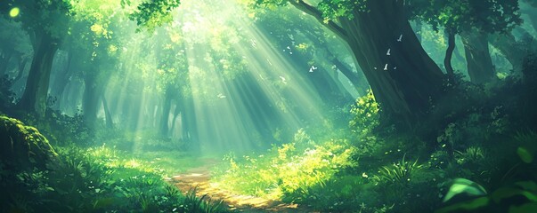 Fototapeta premium Sunlit Path Winding Through a Lush Green Forest. AI generated illustration