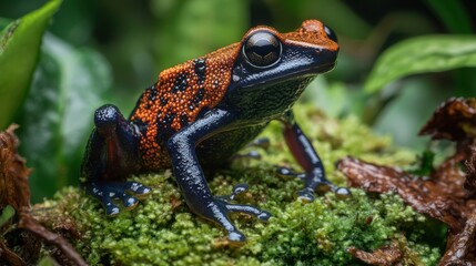 Obraz premium A vibrant poison dart frog, showcasing its striking orange and black patterned skin, perches on a bed of lush green moss. 