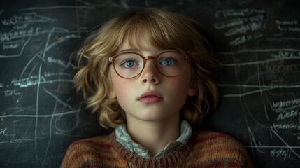 A boy with curly hair and glasses lies calmly, focusing on a chalkboard covered in mathematical equations and sketches during classroom learning