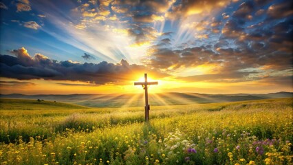 Obraz premium As the serene sun rises, Jesus on the cross captures spiritual symbolism, portraying faith, hope, and redemption in the tranquil beauty of nature's bounty.