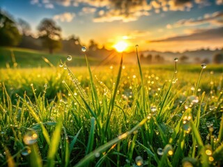 Fototapeta premium At dawn, a vibrant green meadow glistens with dew drops in the morning light, embodying natureâ€™s serenity and refreshing tranquility in a stunning landscape photography scene.