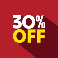 30% off mega sale discount offer logo on red background. 30 Percent Off Banner, template, poster. Modern text offering Label, tags, sticker vector illustration.