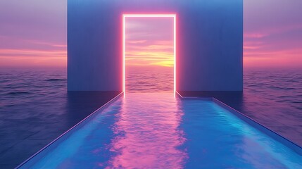 Modern minimalism showing a door revealing a pool and ocean on a neon backdrop 3d rendering