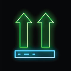 Neon green upwards arrows pointing up on top of a blue line on black background