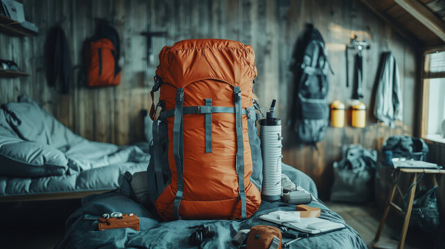 A backpack packed with adventure equipment, including a sleeping bag, first aid kit, and water filter, showing essential survival items for a long-distance adventure and camping equipment