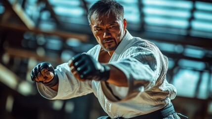 A blind martial artist sparring in a dojo, demonstrating discipline and the fierce athletic spirit of models with disabilities in martial arts