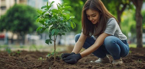 A young woman planting a tree in an urban setting, symbolizing urban reforestation efforts
