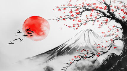 Japanese Landscape Painting, Mount Fuji, Cherry Blossoms, and Birds. Concept of serenity, tranquility, and Asian art.