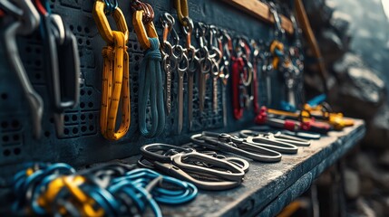 A climber adventure equipment on display, featuring carabiners, ropes, and ice axes, highlighting the critical tools needed for high-altitude adventure and technical equipment