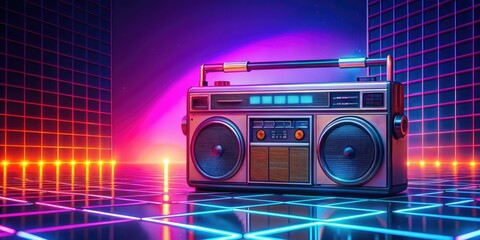 A vibrant neon grid featuring a retro cassette player, capturing 80s nostalgia with colorful backgrounds, synthwave aesthetics, and vintage technology, celebrating the essence of electronic music.