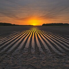 Fototapeta premium Sunset over a plowed field with water reflecting the sun.