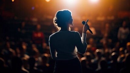 Exited woman motivational speaker on stage