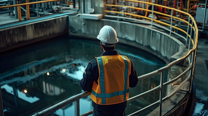 Fototapeta premium A person wearing a hard hat and safety vest inspecting a wastewater treatment plant.