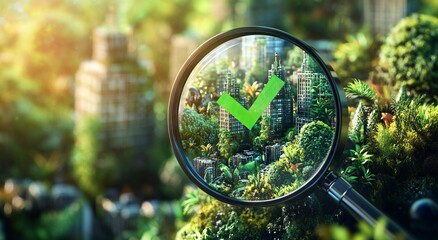 Eco-friendly Cityscape with Green Check Mark Symbolizing Sustainable Development. AI generated illustration